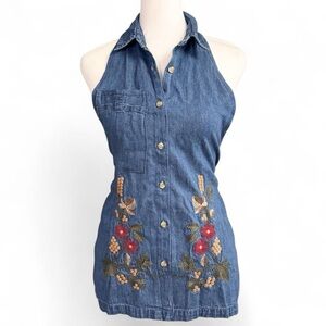 Boho Embroidered Denim Tie Back Halter Top Small